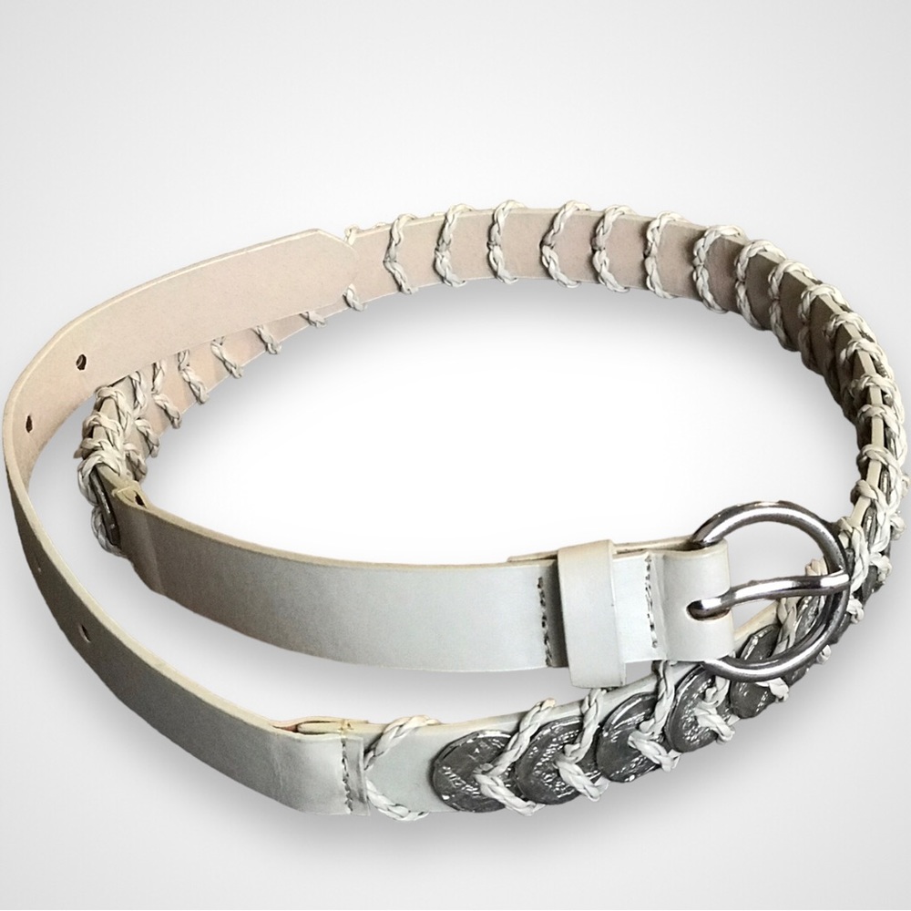 Gray Leather Fashion Belt Coins and Braided Lacing - M